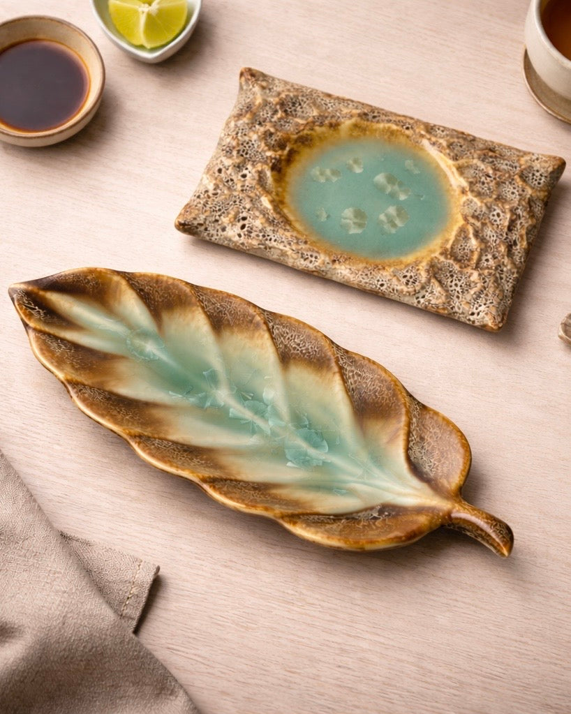 Frosted Dune Leaflet Serving Platter Plus Rectanglular Platter (Set of 2)